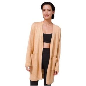 Lululemon Sincerely Yours Wrap Long Open Cardigan M Heathered Tan Cashlu Pockets